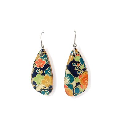 Floral Japanese Chiyogami earrings in Navy, featuring intricate patterns and a stylish design, made with coated Japanese paper and titanium wire hooks.