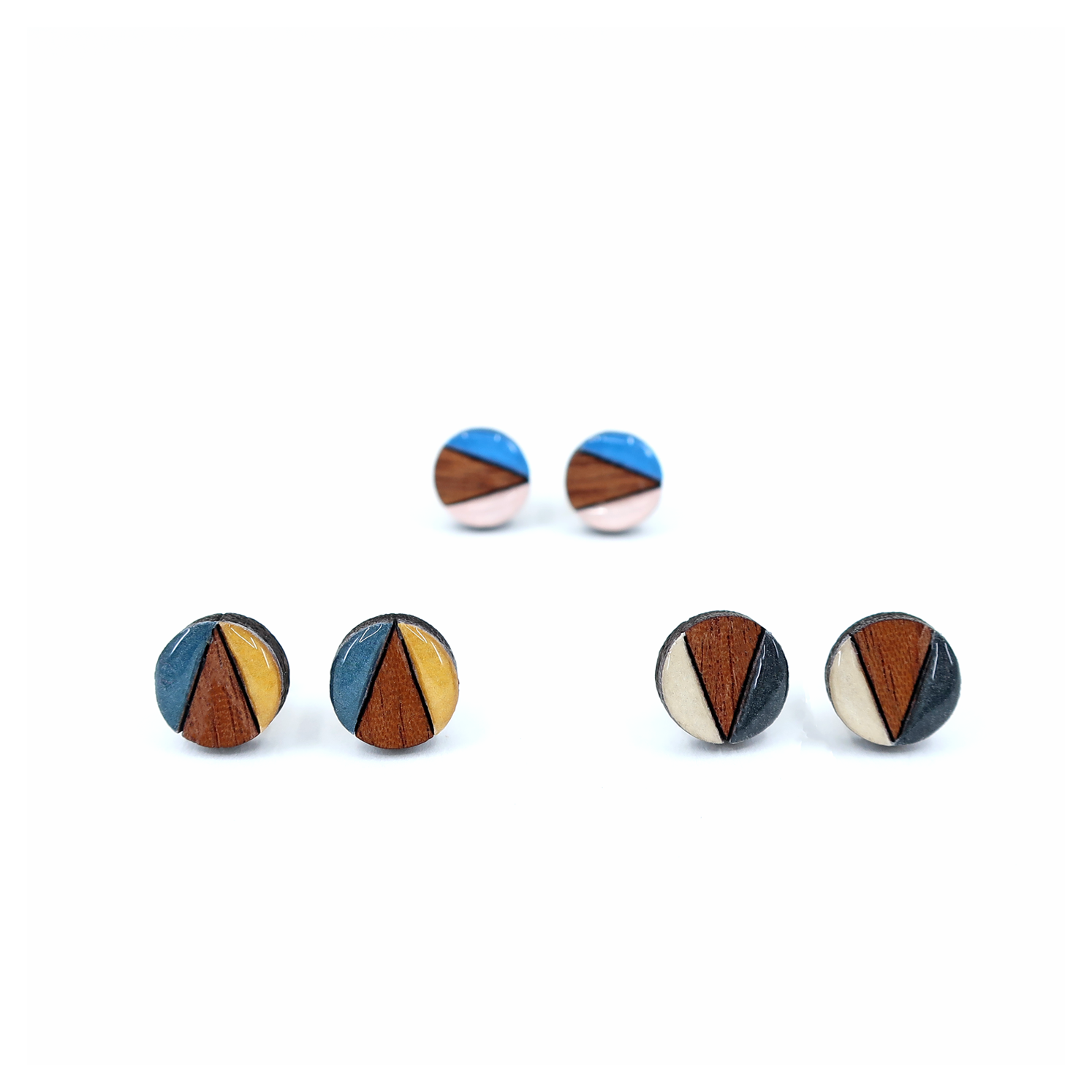 Pair of color block mini circle titanium earrings in mustard and navy, featuring eco-friendly Japanese Washi paper and titanium posts.