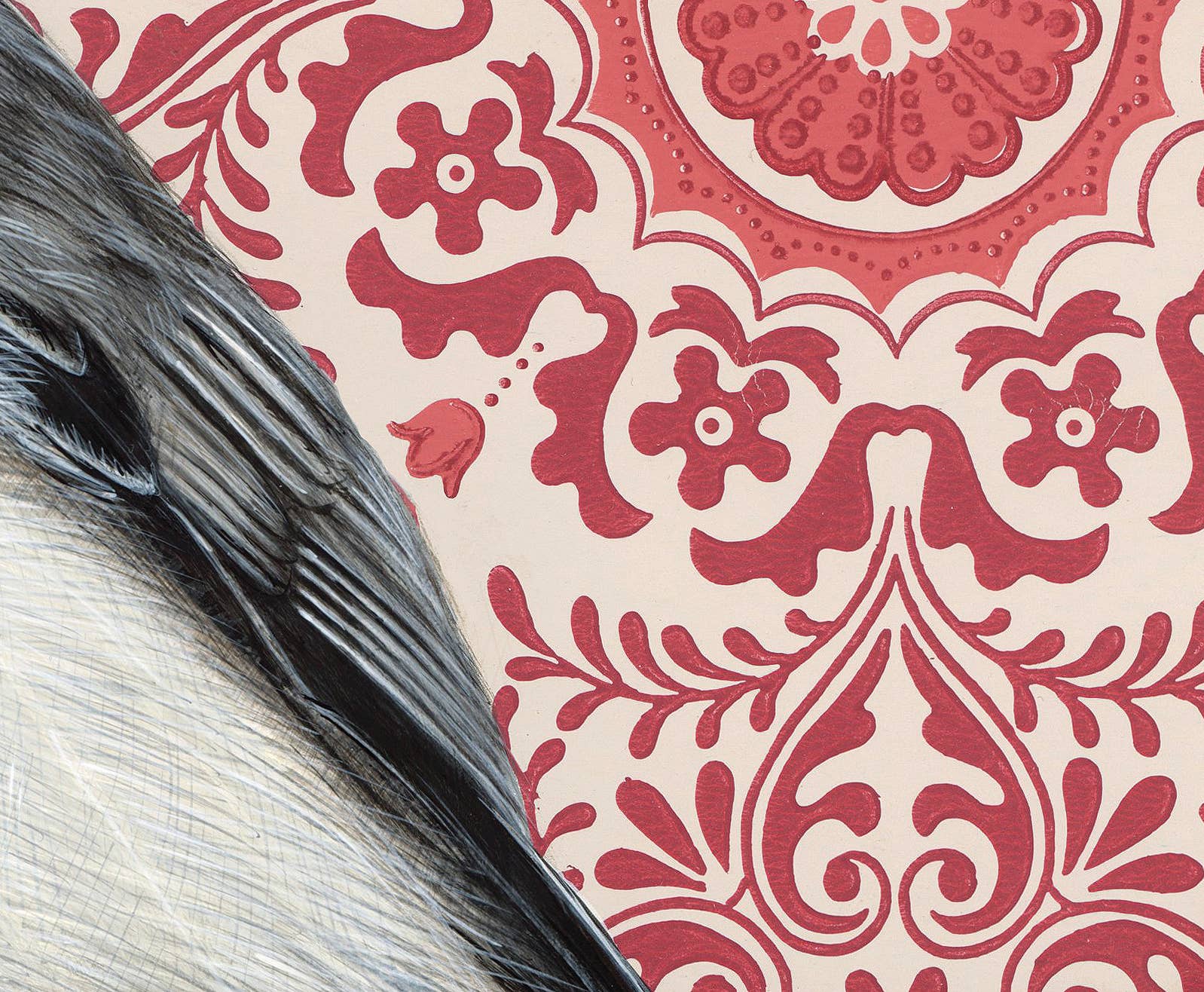 Detailed view of the Chickadee's wing and the ornate floral wallpaper in the illustration by Emily Uchytil, highlighting fine art techniques.