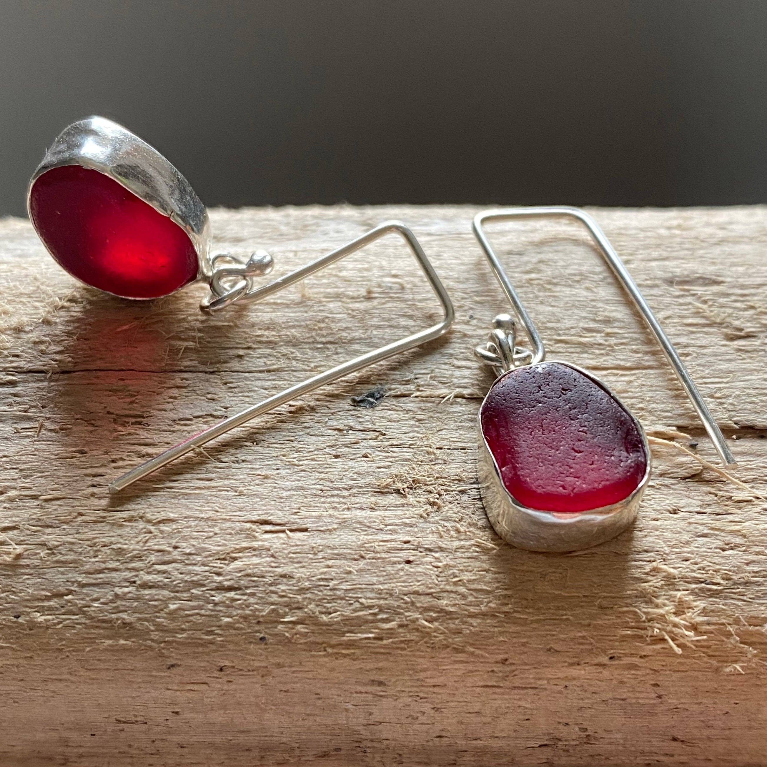 red sea glass silver drop earrings