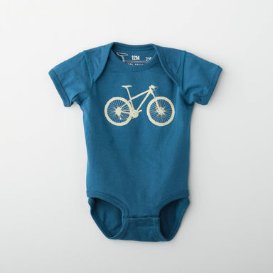 blue onesie with bicycle print