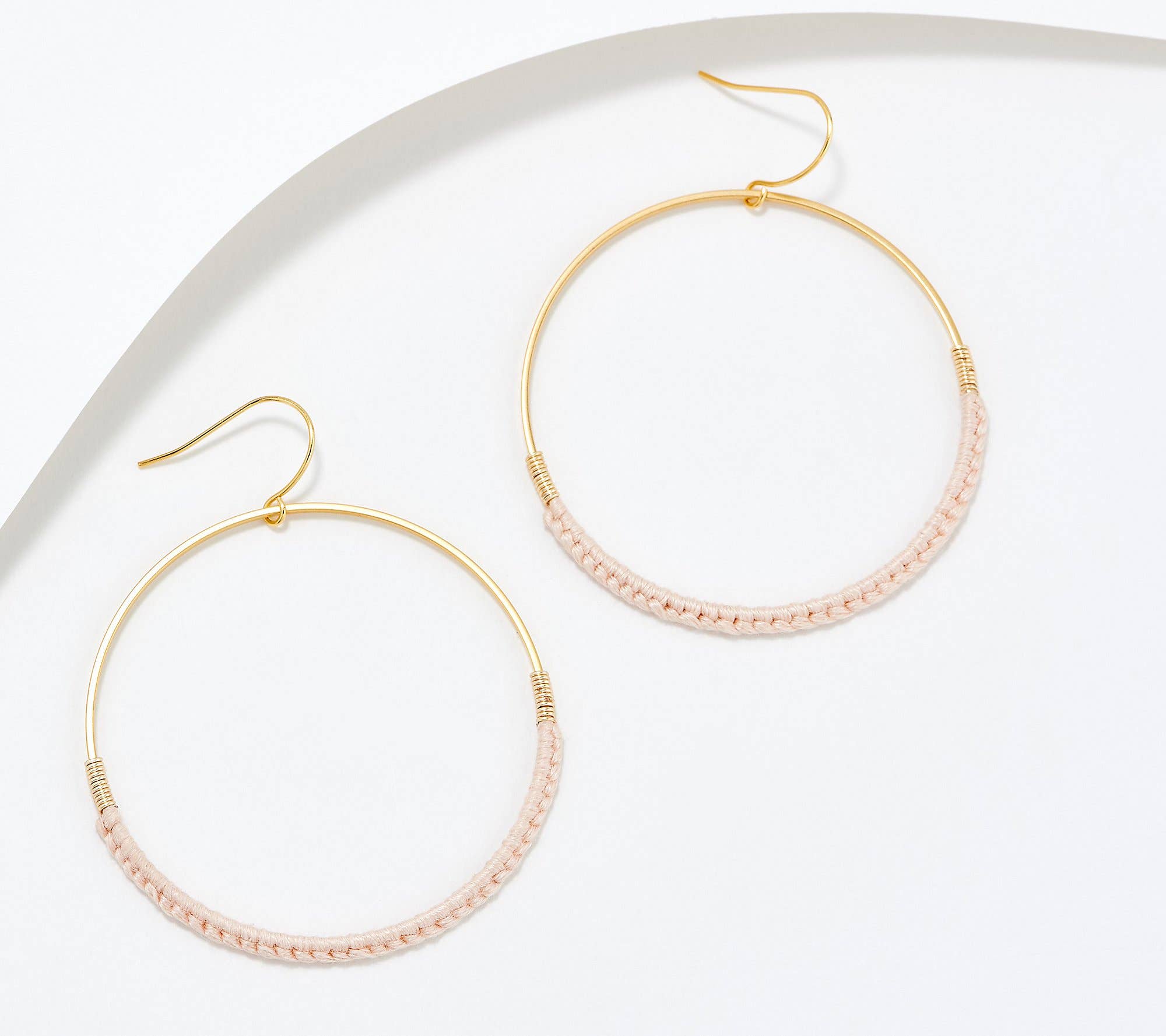 gold hoop pink macrame earrings