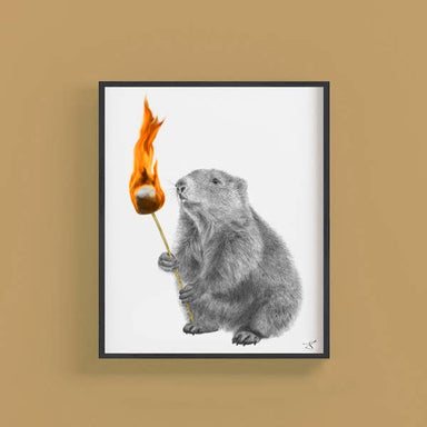 woodchuck with a burning marshmallow framed portrait