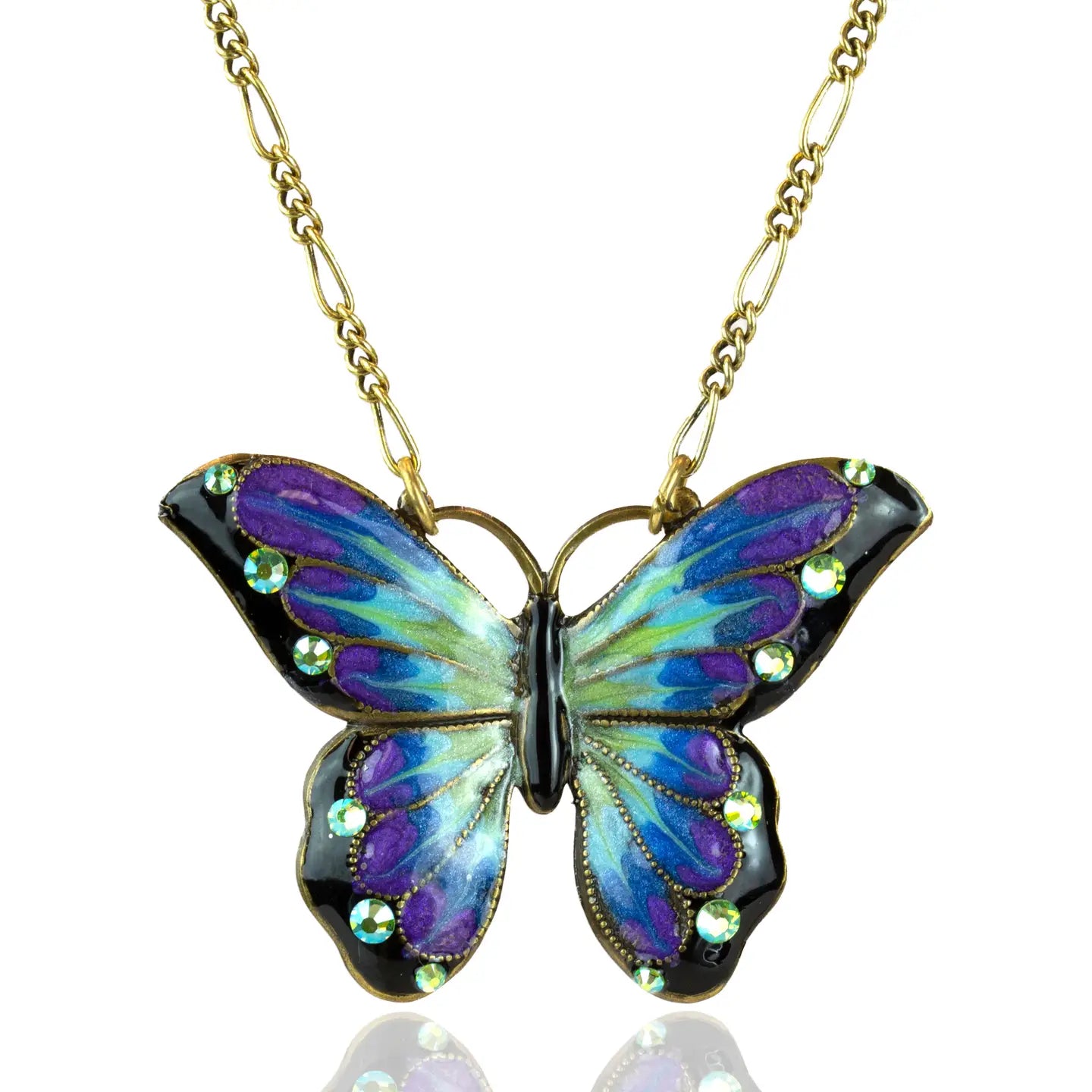 Enameled Crystal Butterfly Necklace featuring a colorful butterfly pendant in green, blue, purple, and black, symbolizing endurance, change, and hope.