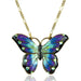Enameled Crystal Butterfly Necklace featuring a colorful butterfly pendant in green, blue, purple, and black, symbolizing endurance, change, and hope.