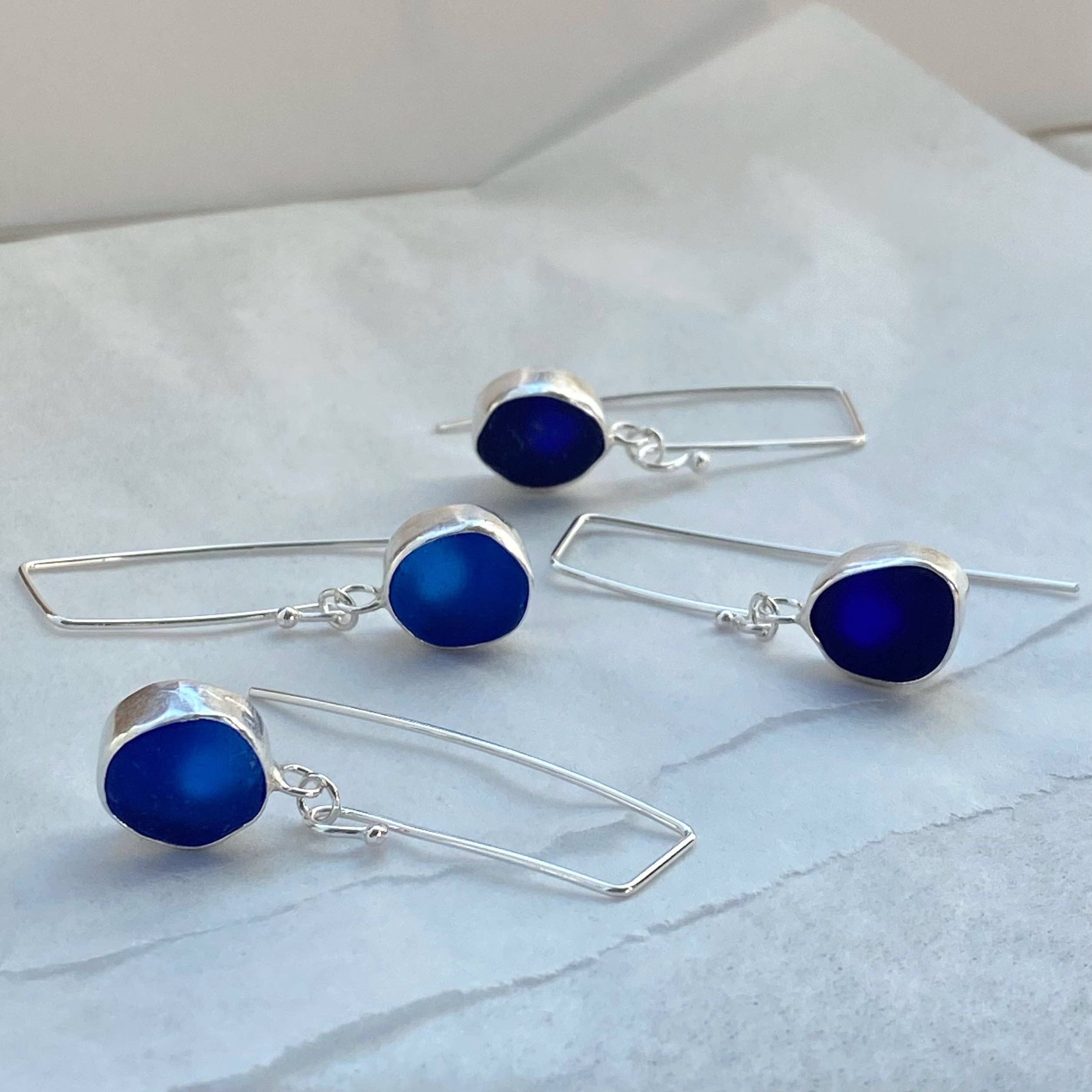 blue sea glass silver drop earrings