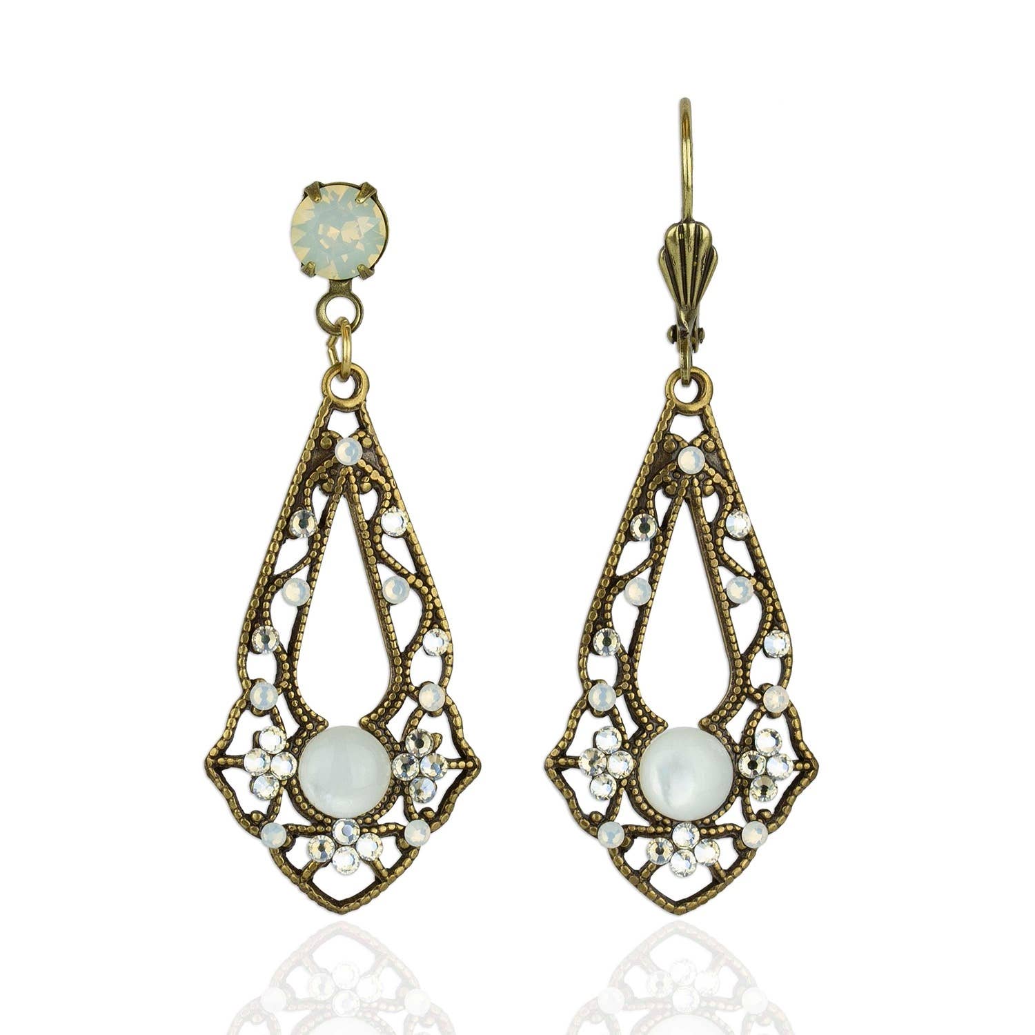 Opalina Crystal Earrings by Anne Koplik Designs featuring a vintage-inspired design with a white opal crystal centerpiece and accentuated by ornate brass detailing. Perfect for versatile occasions.