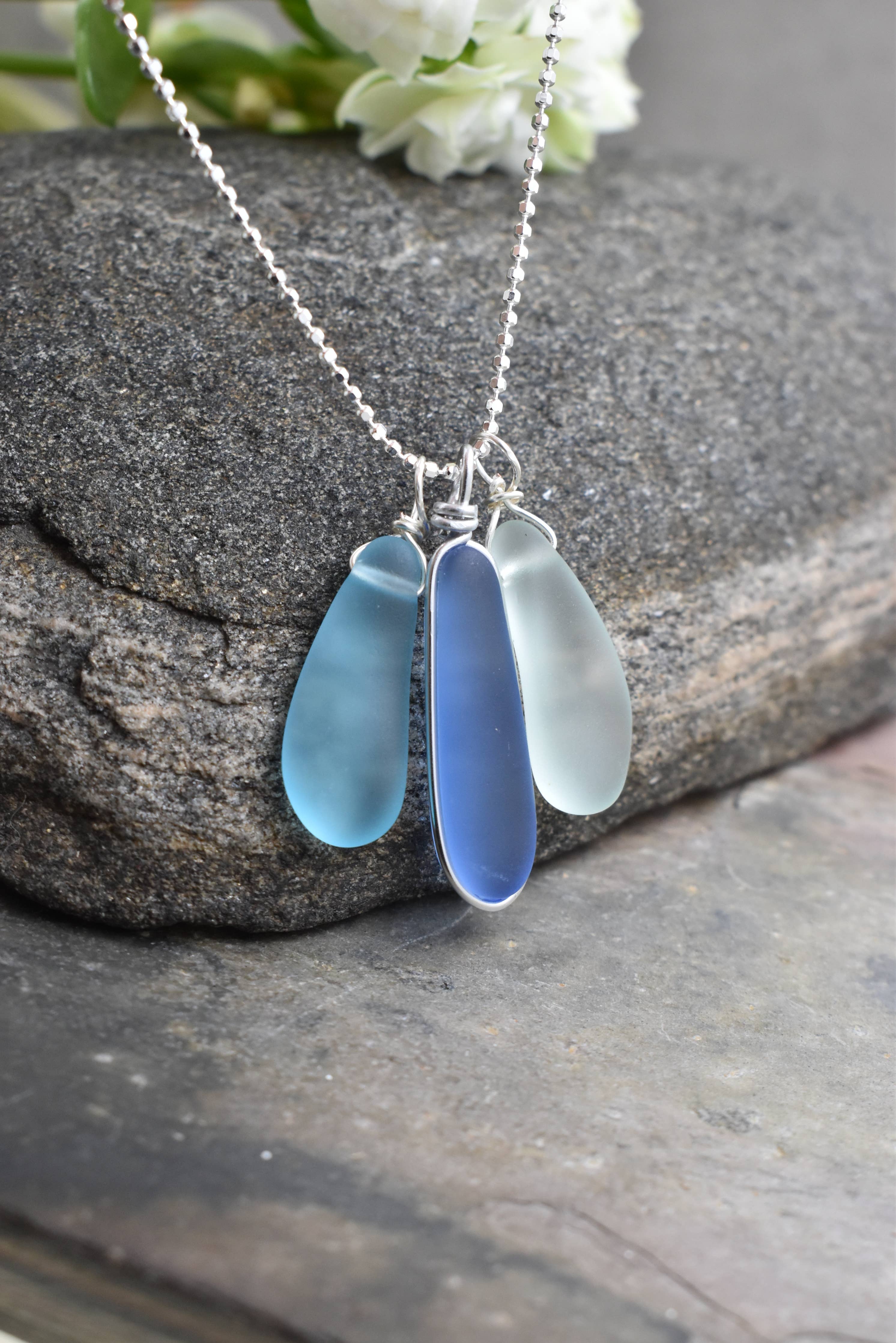 Eco glass triple charm Necklace -  sea glass jewelry