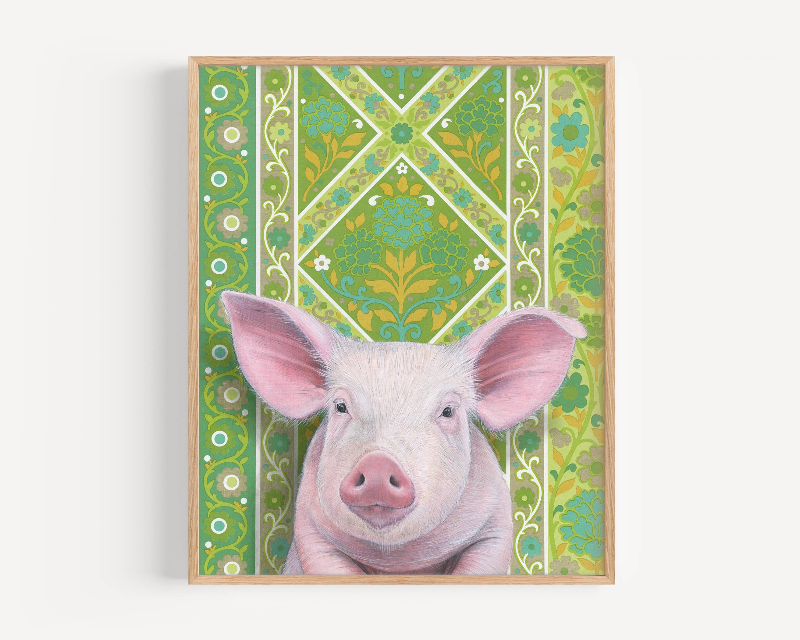 Pig fine art print by Emily Uchytil featuring a sweet piglet against a vintage green wallpaper background, ideal for farm animal illustration.