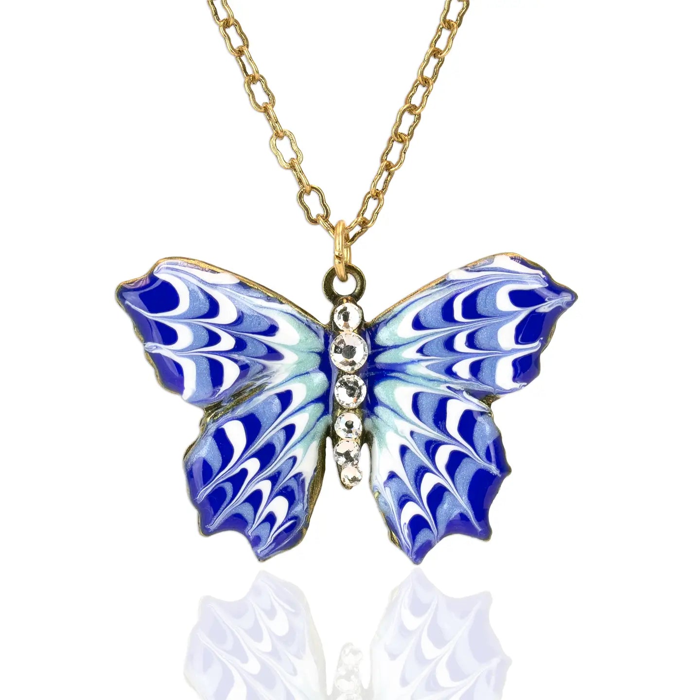 Close-up of Enameled Crystal Butterfly Necklace showcasing the intricate design and craftsmanship of the butterfly pendant made by Anne Koplik Designs.