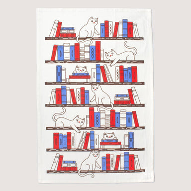 Cat on a bookshelf tea towel