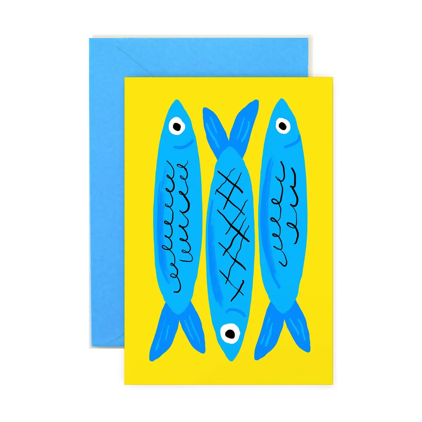 Vibrant blue fish illustration on a yellow mini note card with a blue envelope from Karen Schipper Mini Note Card Collection.
