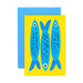 Vibrant blue fish illustration on a yellow mini note card with a blue envelope from Karen Schipper Mini Note Card Collection.