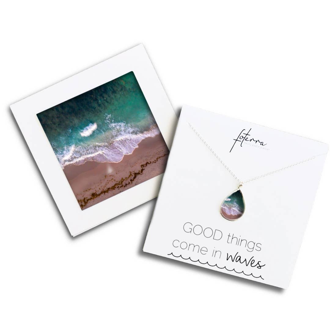 Palm Beach Wave Necklace by Foterra Jewelry featuring a teardrop pendant, displayed on a card with the original ocean image, highlighting handcrafted details.