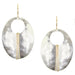 Large Wrapped Oval Wire Earrings featuring a silver cutout oval design with brass wire wrapping in the center. Elegant and sculptural jewelry piece.