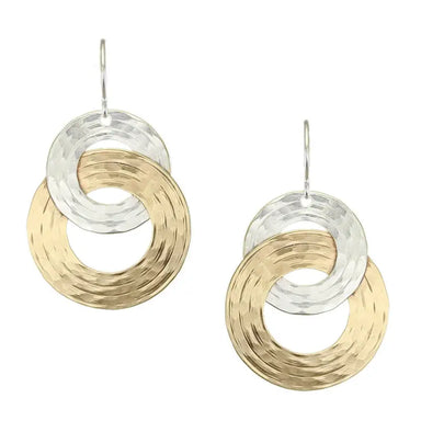 Interlocking Rings Wire Earrings displayed elegantly, featuring two brass and silver rings with a beautiful texture, made sustainably by Marjorie Baer.