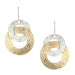 Interlocking Rings Wire Earrings displayed elegantly, featuring two brass and silver rings with a beautiful texture, made sustainably by Marjorie Baer.