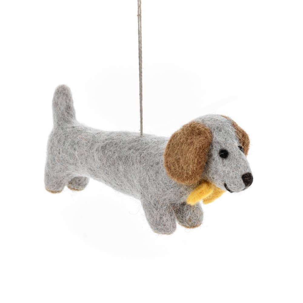 Gray and brown felt dog ornament-wearing yellow tie