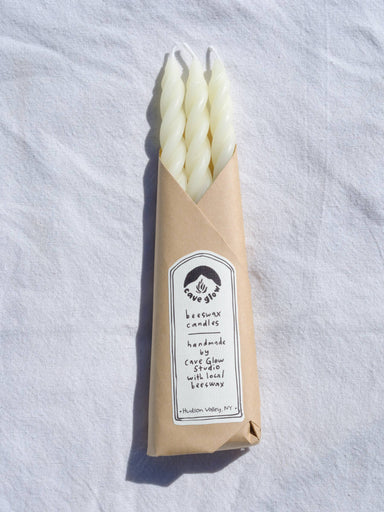 white Wrapped Beeswax Spiral candles by Cave glow studio