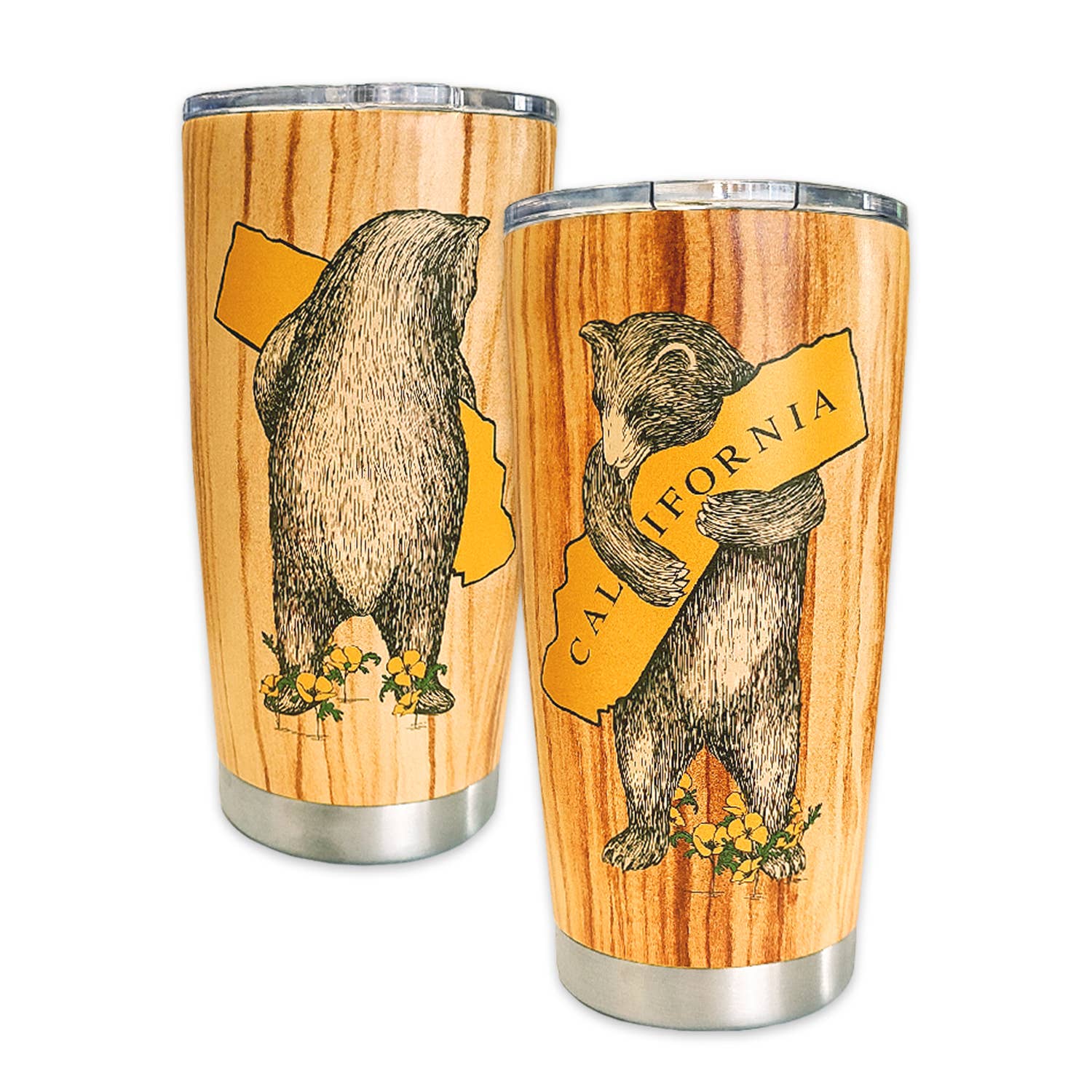 California Woodgrain Bear Hug Travel Mug from SF Mercantile featuring a bear illustration and California state graphic on a woodgrain finish.