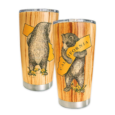 California Woodgrain Bear Hug Travel Mug from SF Mercantile featuring a bear illustration and California state graphic on a woodgrain finish.