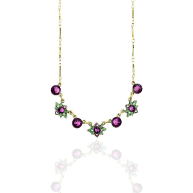 Necklace with purple and green gemstones