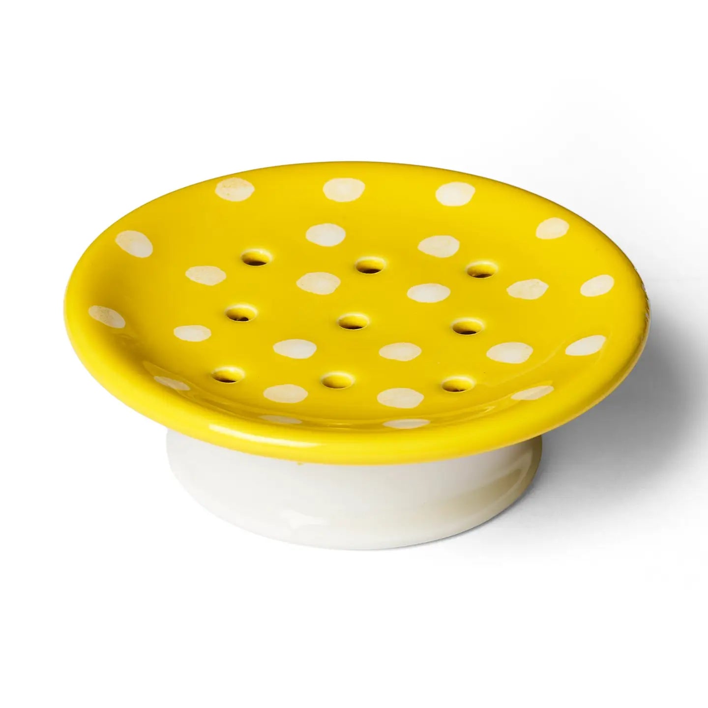 Yellow ceramic soap dish with white polka dots, crafted by Kalastyle Soap Co., designed for effective soap drainage and showcasing a playful mushroom motif; featured in the Swedish Dream Mushroom Ceramic Soap Dish series.