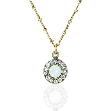 Stunning White Opal Halo Crystal Pendant Necklace by Anne Koplik Designs featuring a cushion-cut crystal surrounded by delicate crystals, crafted in antiqued brass with an adjustable chain.
