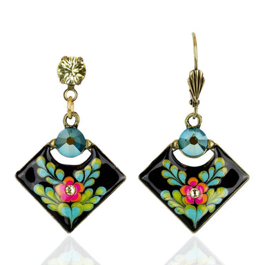 Decorative diamond shaped drop earrings with floral design