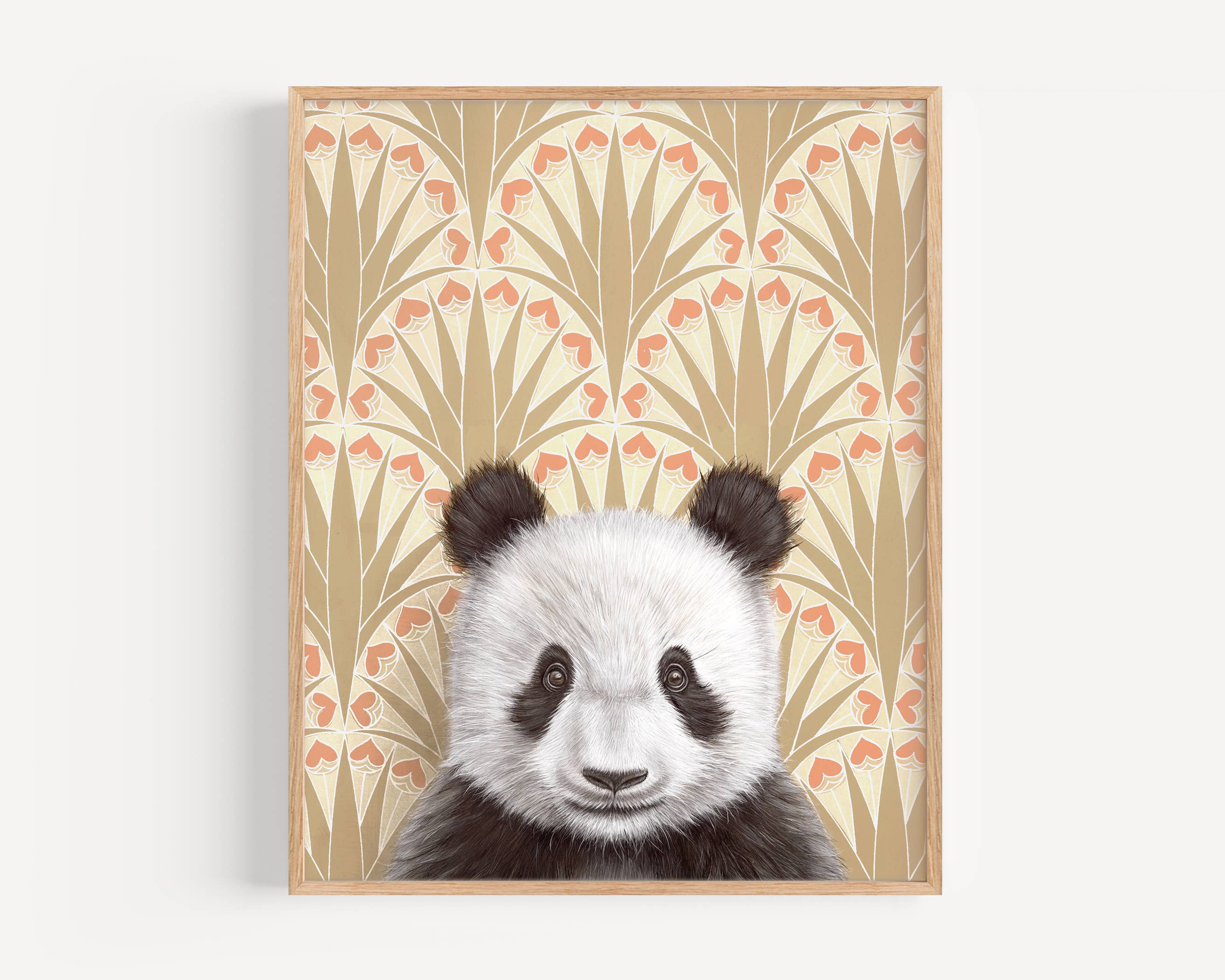 Framed art print of a panda on a patterned background.