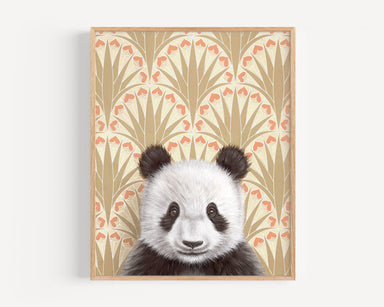 Framed art print of a panda on a patterned background.