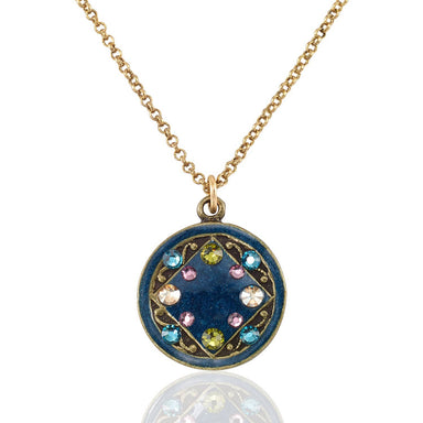 Necklace with a round pendant featuring colorful gemstones 