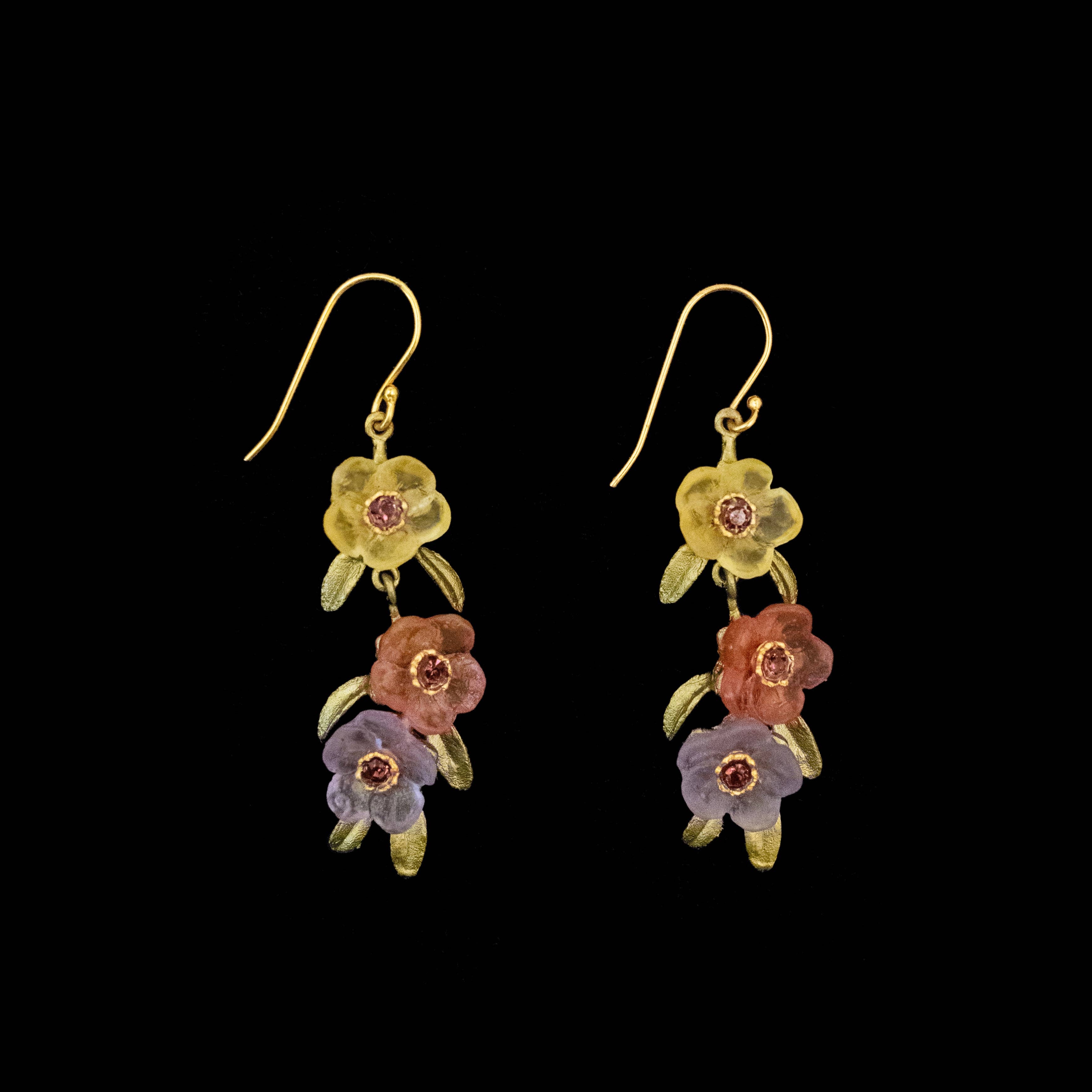 Elegant French Bouquet 3-Flower Wire Earrings by Michael Michaud, featuring cast bronze with a hand patina finish, adorned with colorful cast glass flowers and a sparkling crystal center.