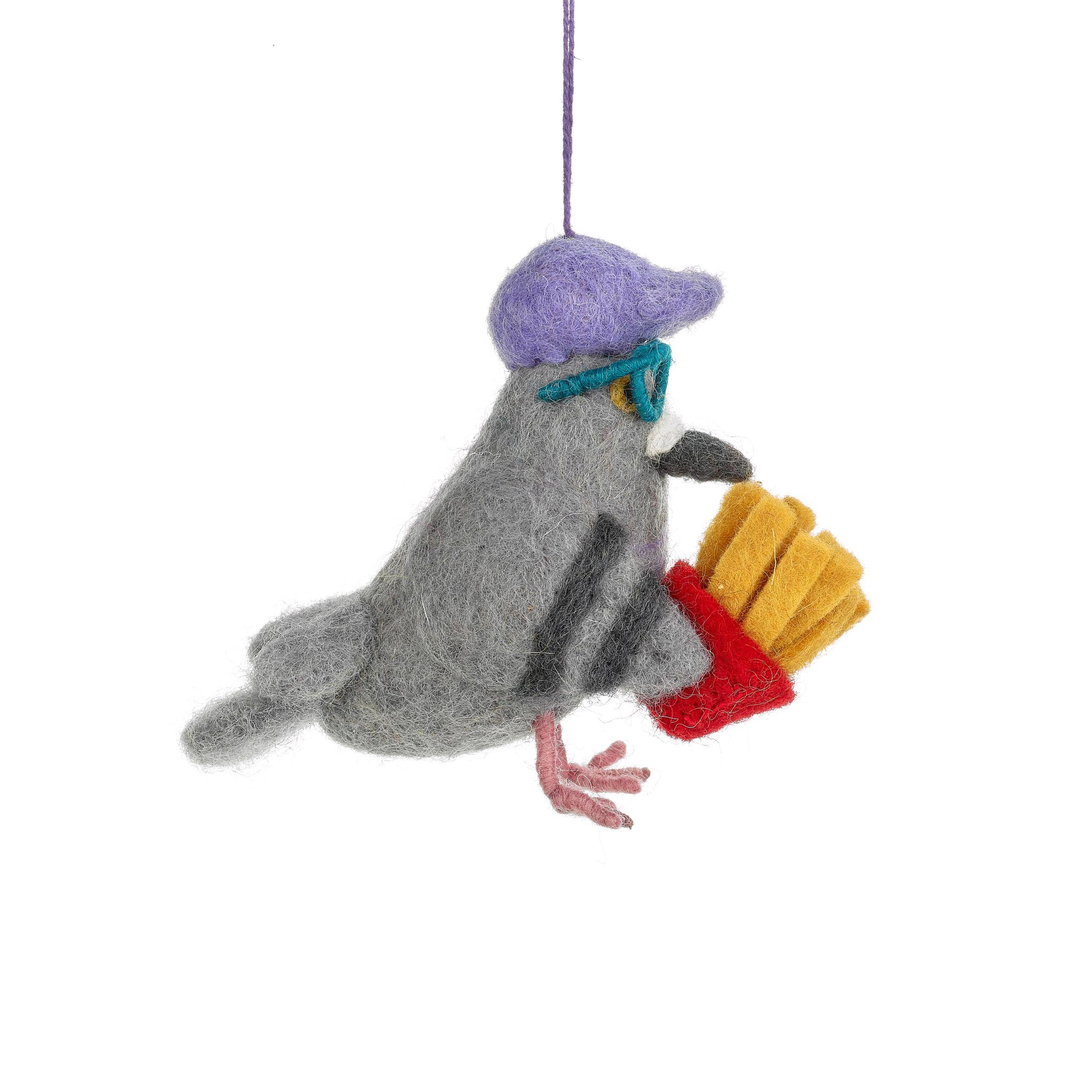 Felted Pigeon ornament with a purple hat, blue glasses and french fries