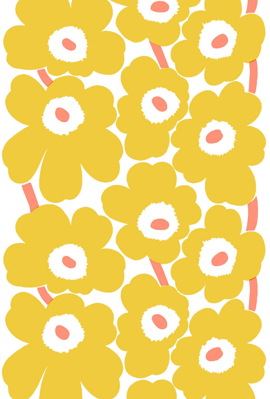 Bright yellow floral pattern with pink stems and white accents, featured in the Art of Marimekko Postcard Box by Chronicle Books.