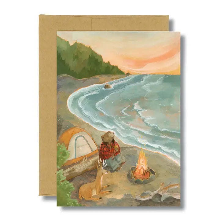 Bear on a beach with a campfire blank greeting card