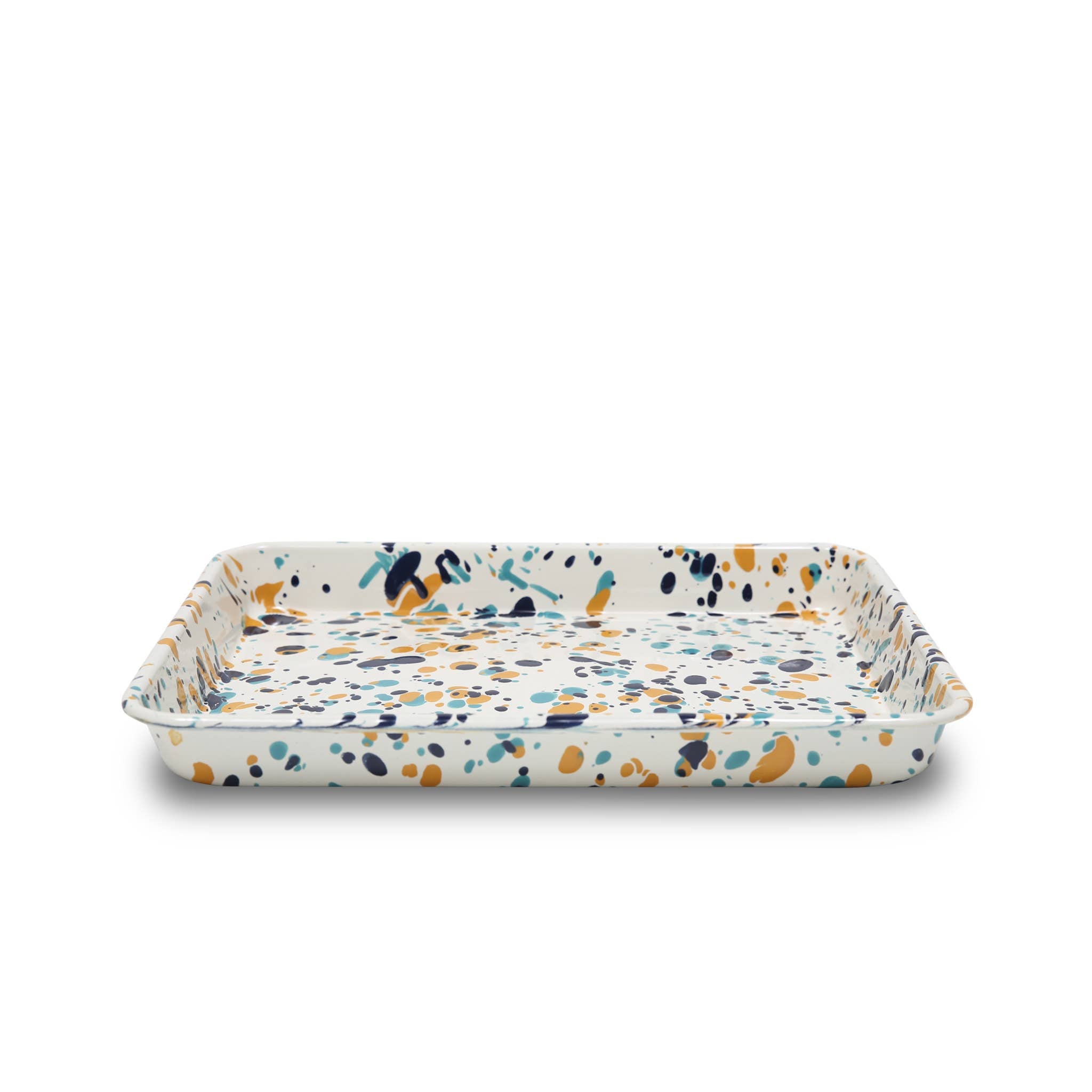 Catalina Enamelware Small Rectangle Tray by Crow Canyon Home showcasing a vibrant speckled pattern in shades of blue, orange, and yellow.