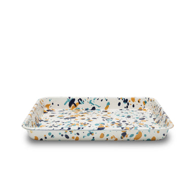 Catalina Enamelware Small Rectangle Tray by Crow Canyon Home showcasing a vibrant speckled pattern in shades of blue, orange, and yellow.