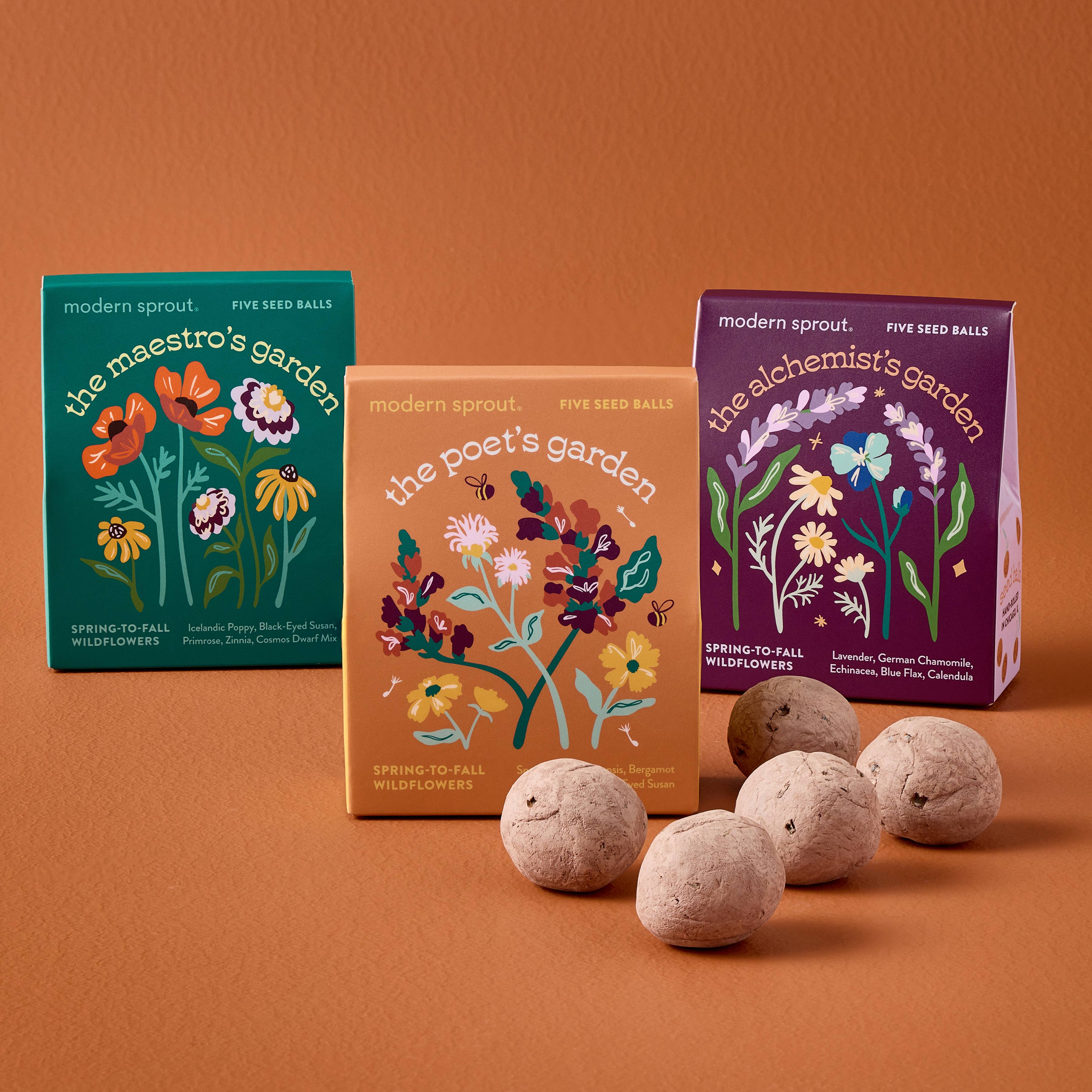 Bespoke Blooms by Modern Sprout featuring three colorful seed ball kits—The Maestro's Garden, The Poet's Garden, and The Alchemist's Garden, arranged with natural seed balls on an earthy background.