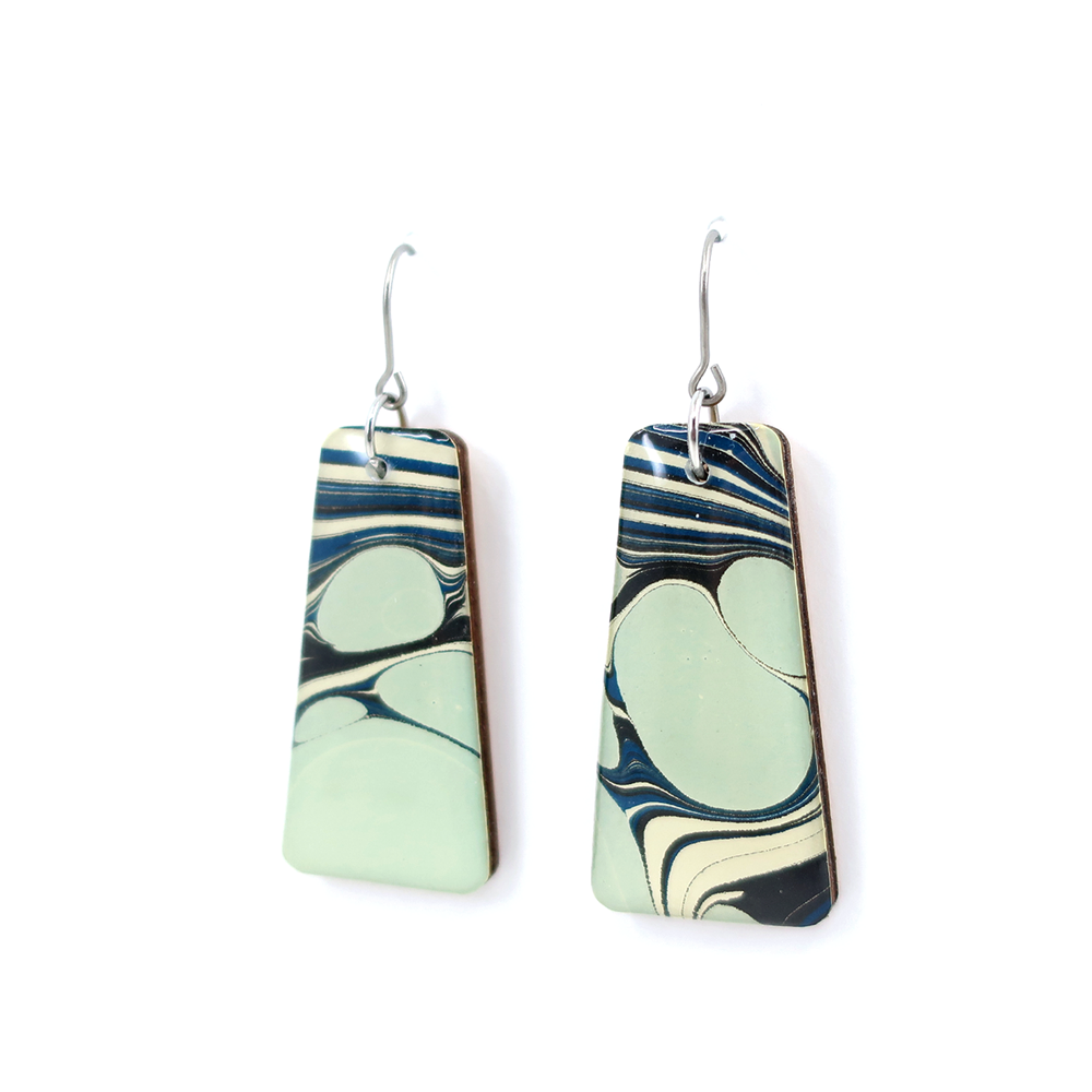 Light blue and navy mid century modern marble dangle earrings made with UK hand-marbled paper and coated in UV-cured resin.