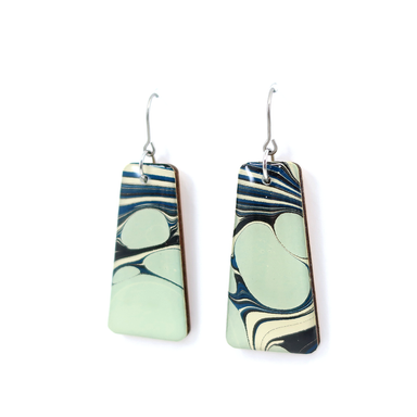 Light blue and navy mid century modern marble dangle earrings made with UK hand-marbled paper and coated in UV-cured resin.