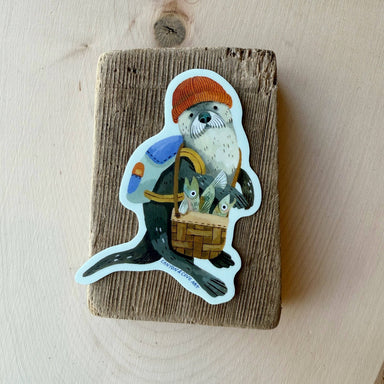 Otter with a basket of fish and red hand sticker