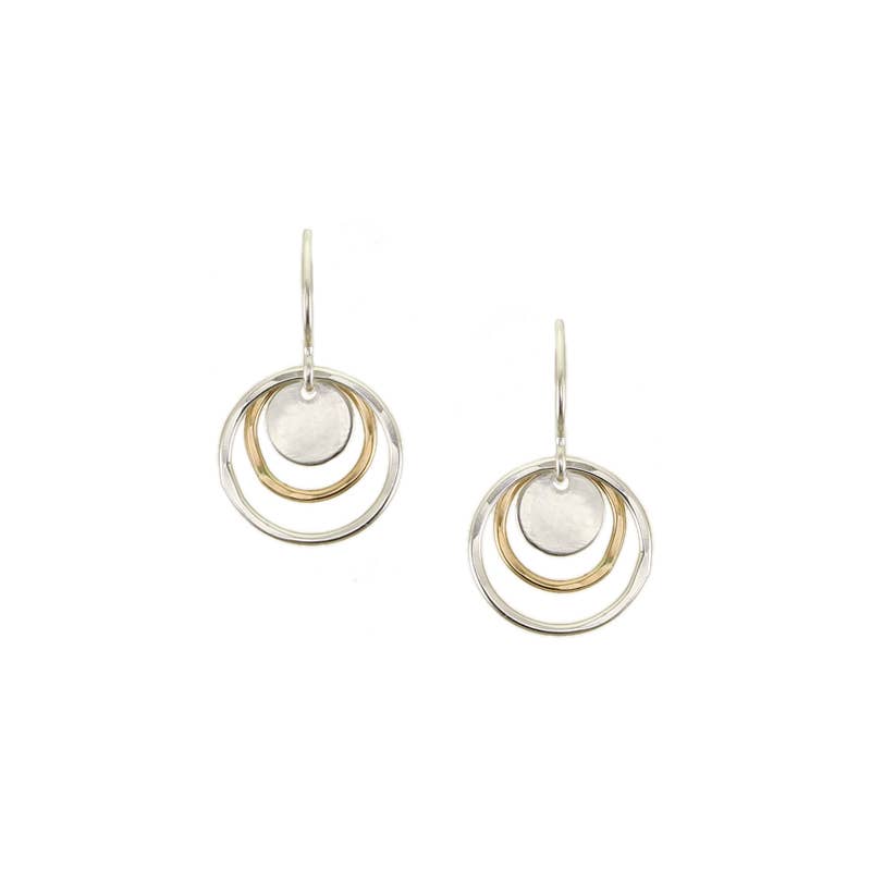 Mini Disc and Layered Rings Wire Earrings by Marjorie Baer featuring a silver disc layered over hammered brass and silver rings, showcasing a refined geometric design.