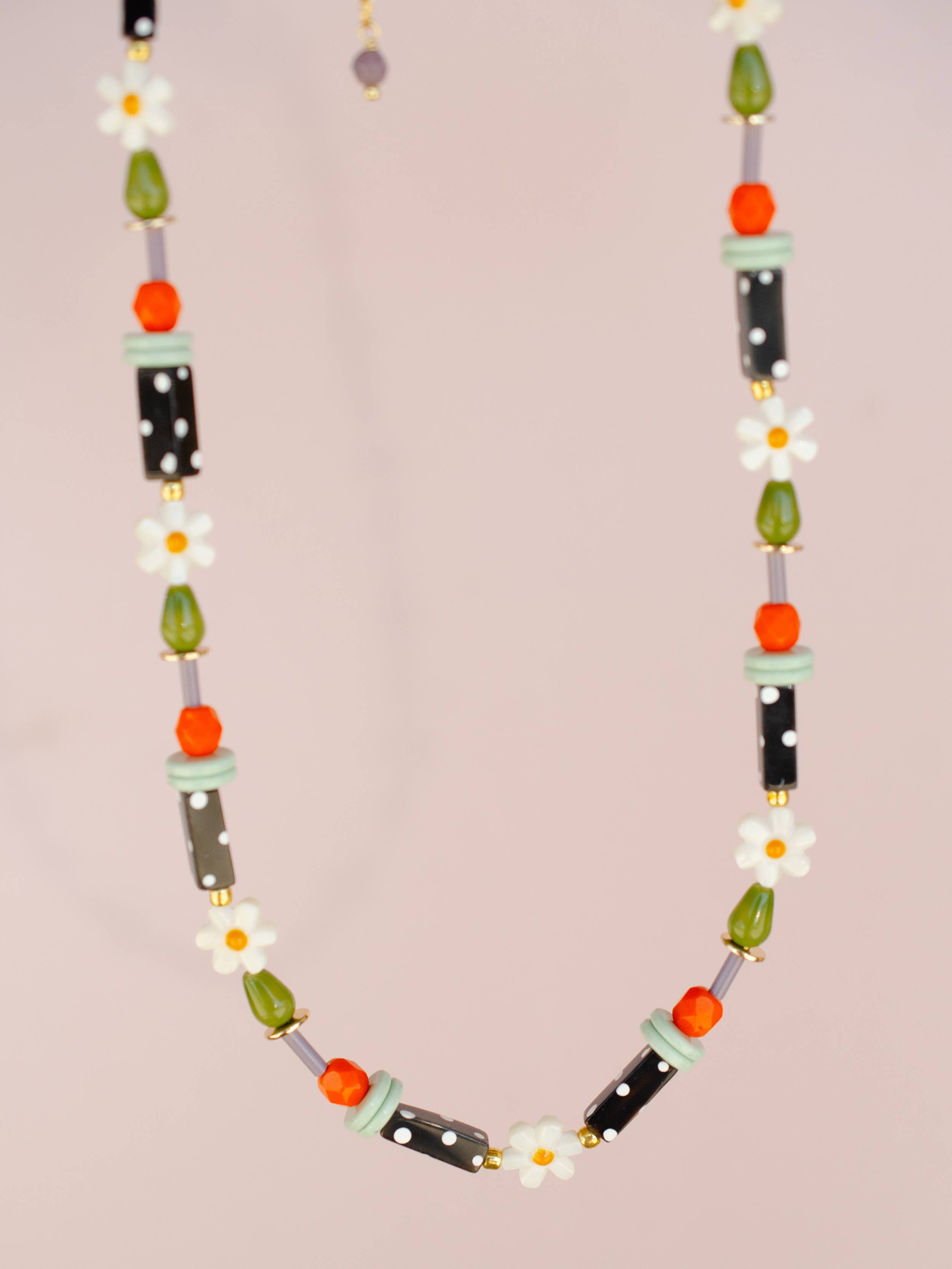 Black and white polka dot flower necklace