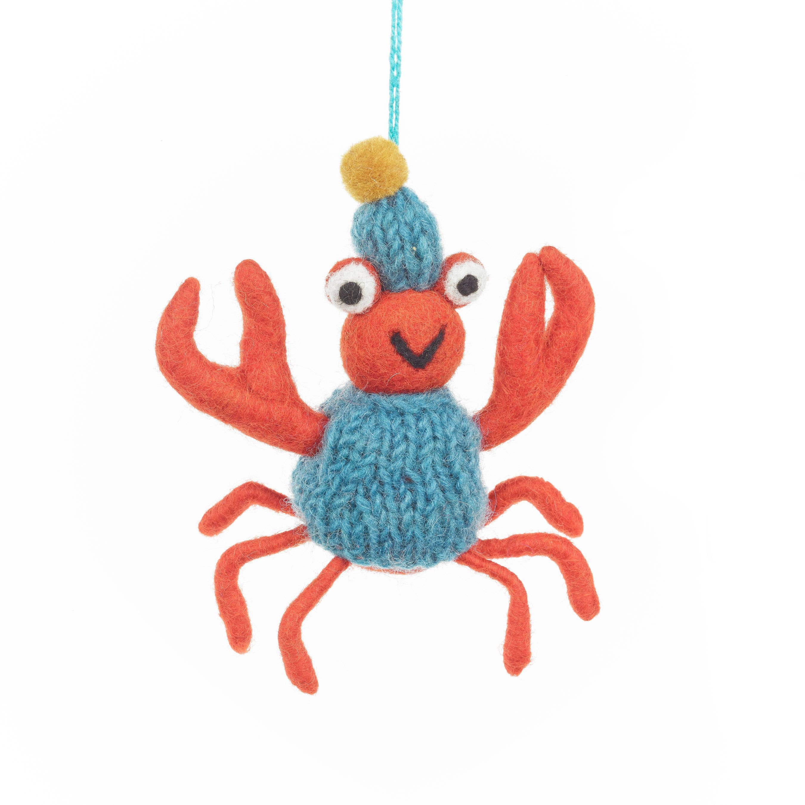 Felt crab ornament wearing a knit blue sweater