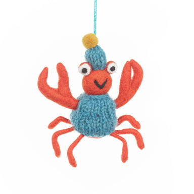 Felt crab ornament wearing a knit blue sweater
