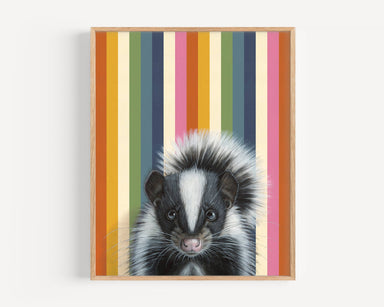 Skunk - Fine Art Print with retro stripes, showcasing a cheerful skunk surrounded by colorful stripes to brighten up any forest animal lover's wall.