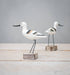 Mini Avocet figurine hand crafted by Aviologie, featuring a delicate shorebird design with intricate details and painted finish, displayed on a rustic wooden base.