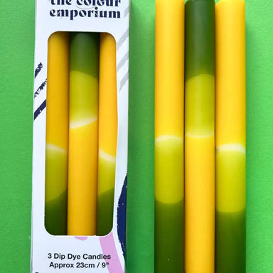 Vibrant Dip Dyed Dinner Candle Trios from The Colour Emporium, featuring unique patterns and eco-friendly materials for a stylish home decor.