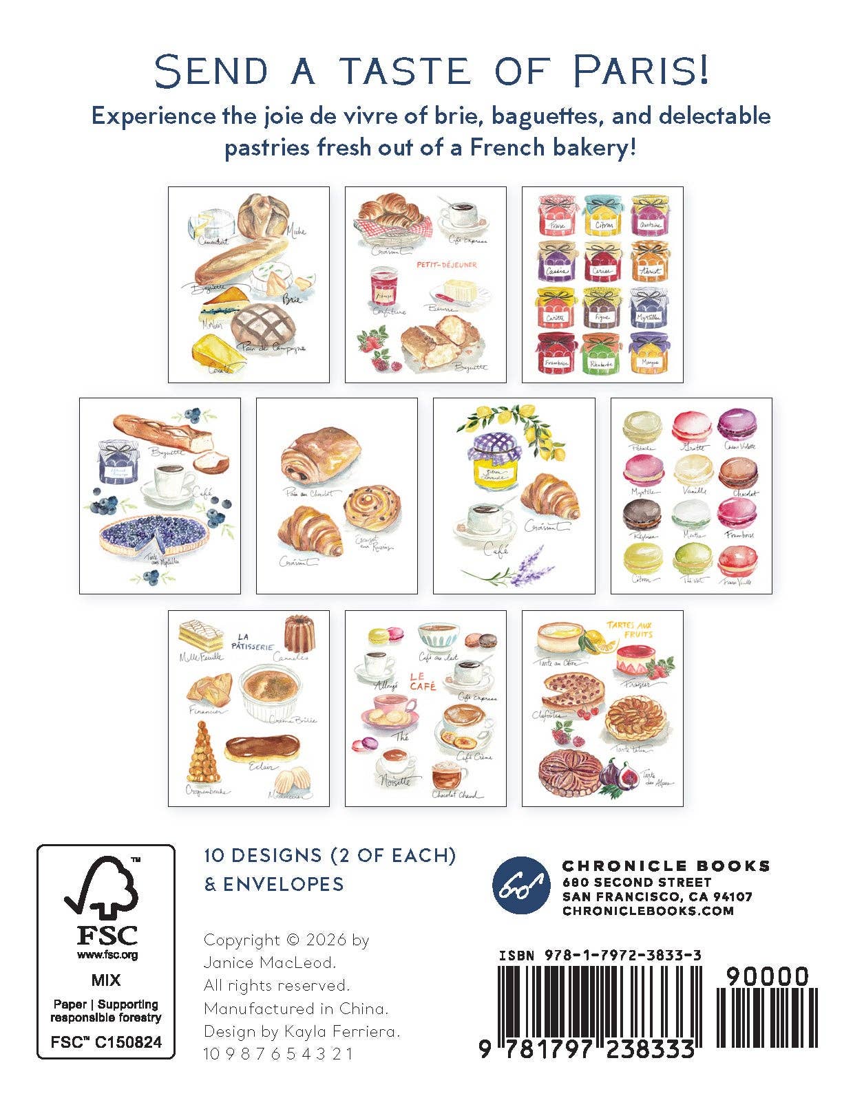 Back cover of Brie & Baguette Notes featuring an assortment of French pastries and preserves, designed by Chronicle Books.